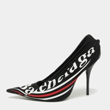 Pre Owned Balenciaga Black Pleated Fabric and Leather Logo Knife Pumps Size 40