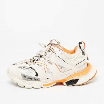 Pre Owned Balenciaga Off-White/Orange Mesh, Leather and Nylon Track Low-Top Sneakers Size 38