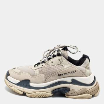Pre Owned Balenciaga Light Grey/Black Leather And Mesh Triple S Sneakers Size 36