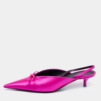 Pre Owned Balenciaga Fuchsia Satin Knife Slingback Pointed Toe Mules Size 36.5