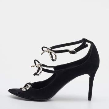 Pre Owned Balenciaga Black Suede Boucle Bow Ankle Strap Sandals Size 37