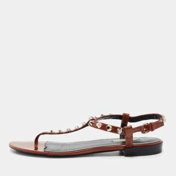 Pre Owned Balenciaga Brown Patent Leather Arena Studded Strappy Flat Thong Sandals Size 41