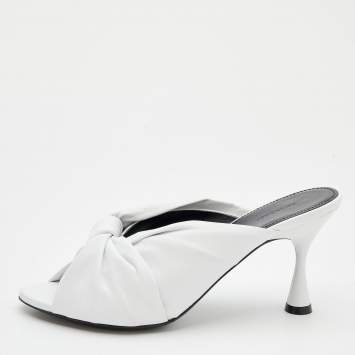 Pre Owned Balenciaga White Leather Drapy Knotted Slide Sandals Size 37.5