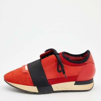 Pre Owned Balenciaga Red Suede And Leather Race Runner Sneakers Size 38