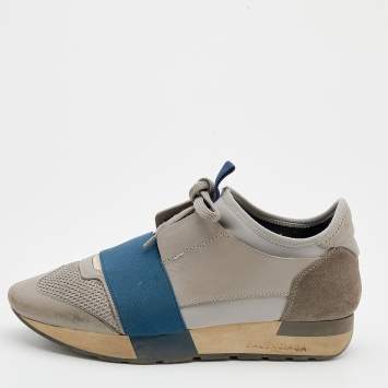 Pre Owned Balenciaga Grey/Blue Leather Race Runner Sneakers Size 36