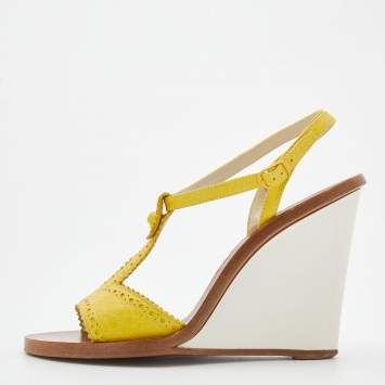 Pre Owned Balenciaga Yellow Leather Wedge Ankle Strap Sandals Size 40