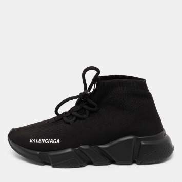Pre Owned Balenciaga Black Knit Fabric Speed Trainer Lace Up Sneakers Size 38