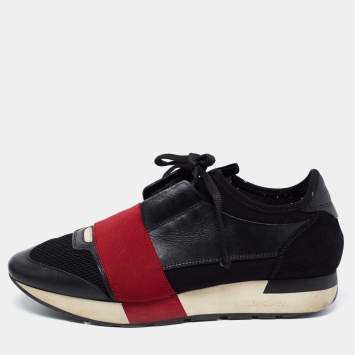 Pre Owned Balenciaga Black/Red Leather And Fabric Race Runner Low Top Sneakers Size 38
