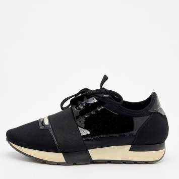 Pre Owned Balenciaga Black Patent Leather And Knit Fabric Race Runner Sneakers Size 39