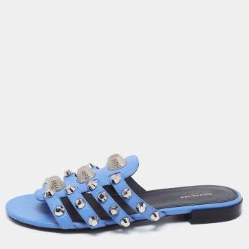 Pre Owned Balenciaga Blue Leather Arena Flat Slides Size 38