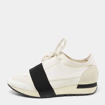 Pre Owned Balenciaga White/Black Mesh And Leather Race Runner Low Top Sneakers Size 38
