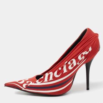 Pre Owned Balenciaga Red Fabric And Leather Knife Logo Pointed Toe Pumps Size 39