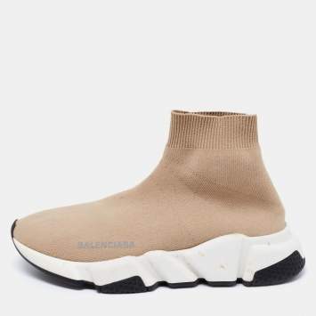 Pre Owned Balenciaga Beige Knit Fabric Speed Trainer High-Top Sneakers Size 36
