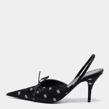 Pre Owned Balenciaga Black Satin BB Logo Knife Sandals Size 36.5