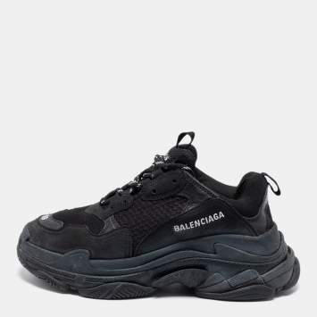 Pre Owned Balenciaga Black Leather And Mesh Triple S Low Top Sneakers Size 39