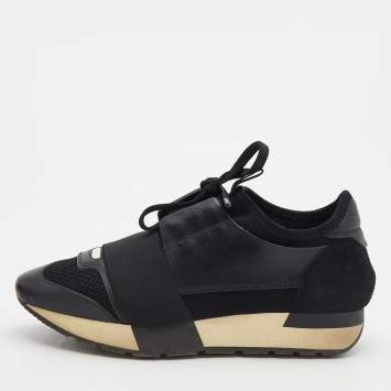 Pre Owned Balenciaga Black Leather and Mesh Race Runner Sneakers Size 35