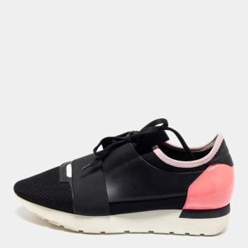Pre Owned Balenciaga Black/Pink Leather and Mesh Race Runner Sneakers Size 40