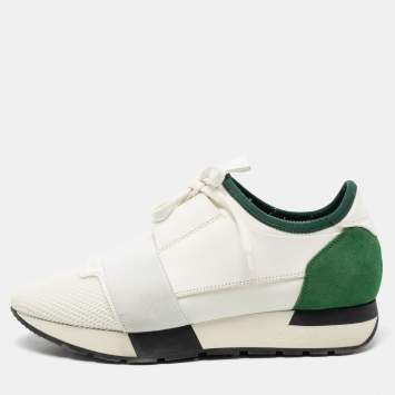 Pre Owned Balenciaga White/Green Leather, Mesh Race Runner Sneakers Size 38