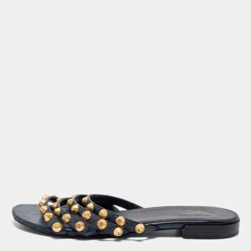 Pre Owned Balenciaga Black Laminated Leather Arena Giant Slide Flat Sandals Size 38