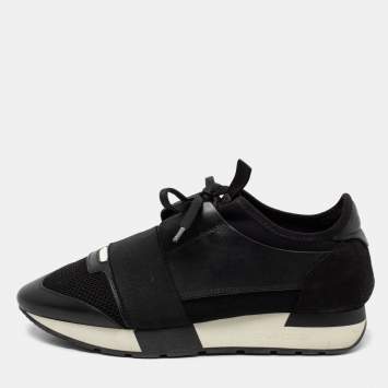 Pre Owned Balenciaga Black Leather and Mesh Race Runner Sneakers Size 38