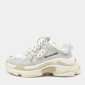 Pre Owned Balenciaga White/Grey Mesh and Leather Triple S Low-Top Sneakers Size 38