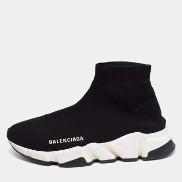 Pre Owned Balenciaga Black Knit Fabric Speed Trainer Slip On High-Top Sneakers Size 37