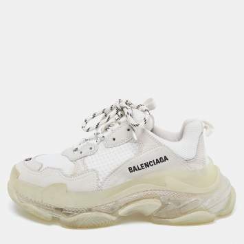 Pre Owned Balenciaga White/Grey Mesh and Leather Triple S Clear Low-Top Sneakers Size 37