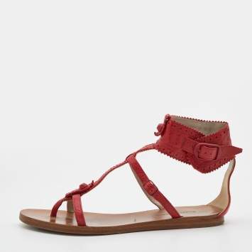 Pre Owned Balenciaga Red Leather Brogue Flat Sandals Size 39