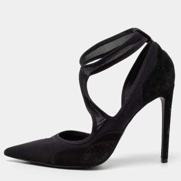 Pre Owned Balenciaga Black Fabric And Suede D'orsay Ankle-Strap Pumps Size 38.5