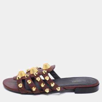 Pre Owned Balenciaga Dark Burgundy Leather Arena Flat Slides Size 37