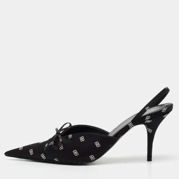 Pre Owned Balenciaga Black Logo Print Satin Knife Slingback Pumps Size 39
