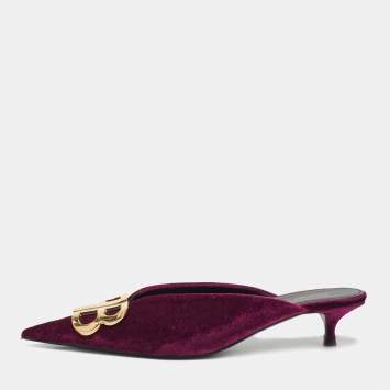 Pre Owned Balenciaga Burgundy Velvet BB Logo Knife Mules Size 39