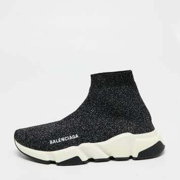 Pre Owned Balenciaga Black/Silver Glitter Knit Fabric Speed Trainer High-Top Sneakers Size 37