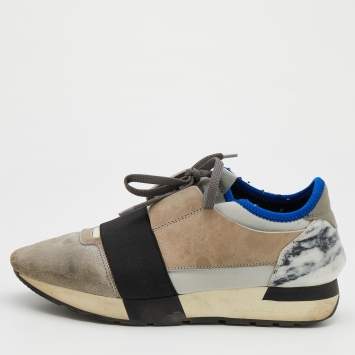 Pre Owned Balenciaga Grey Suede And Leather Race Runner Low Top Sneakers Size 38