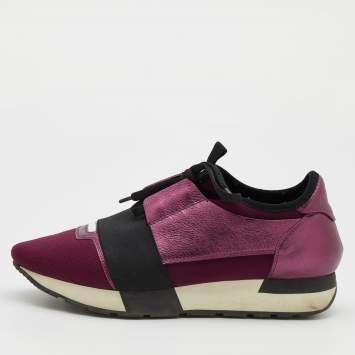 Pre Owned Balenciaga Metallic Burgundy Leather And Knit Fabric Race Runner Low Top Sneakers Size 38