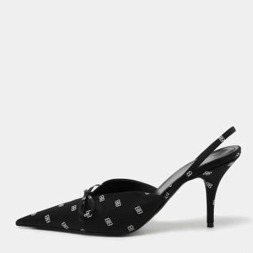 Pre Owned Balenciaga Black BB Logo Satin Knife Slingback Pumps Size 38
