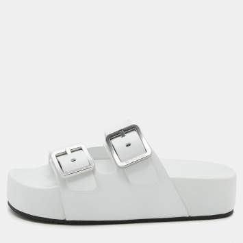Pre Owned Balenciaga White Leather Buckle Platform Slide Size 39