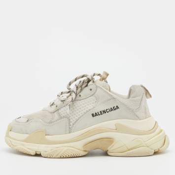 Pre Owned Balenciaga Off White/Cream Mesh And Leather Triple S Lace Up  Sneakers Size 39