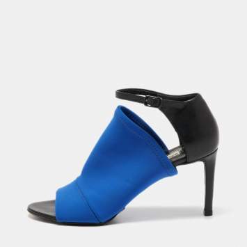 Pre Owned Balenciaga Electric Blue/Black Neoprene and Leather Glove Ankle Strap Sandals Size 36