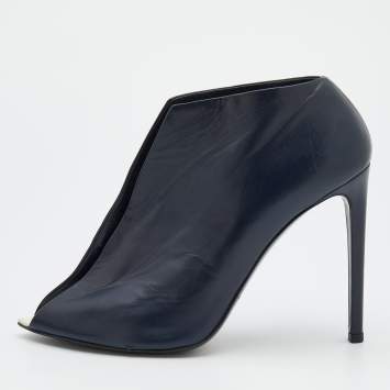 Pre Owned Balenciaga Navy Blue Leather Split Vamp Open Toe Booties Size 39
