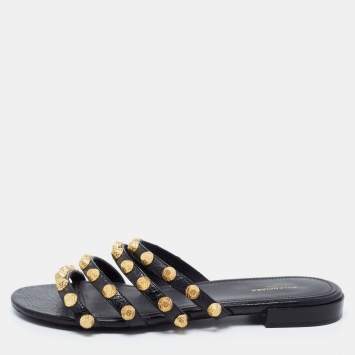 Pre Owned Balenciaga Black Leather Studded Accents Flat Slides Size 37