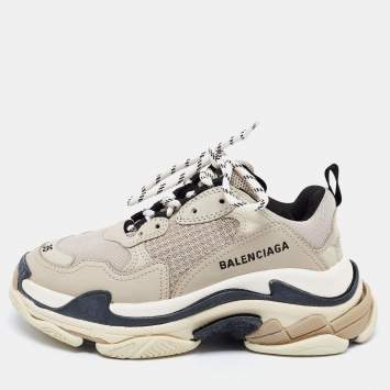 Pre Owned Balenciaga Grey Mesh and Leather Triple S Sneakers Size 35