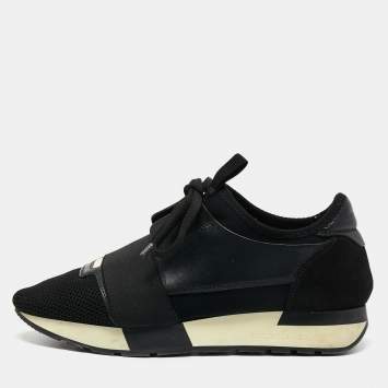 Pre Owned Balenciaga Black Leather and Mesh Race Runner Sneakers Size 38