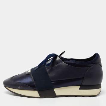 Pre Owned Balenciaga Navy Blue Satin and Leather Race Runner Low Top Sneakers Size 40