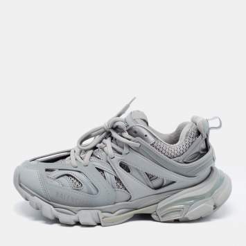 Pre Owned Balenciaga Grey Leather and Mesh Track Sneakers Size 37