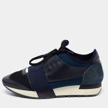 Pre Owned Balenciaga Navy Blue Leather And Mesh Race Runner Sneakers Size 38 