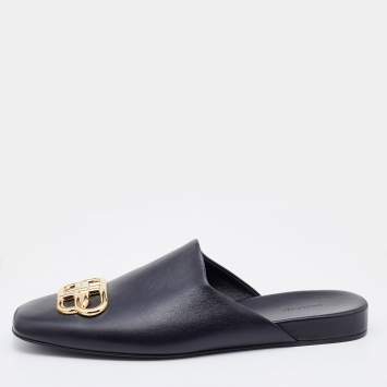 Pre Owned Balenciaga Black Leather Cosy BB Flat Mules Size 37.5