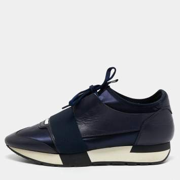 Pre Owned Balenciaga Navy Blue Satin and Leather Race Runner Sneakers Size 39