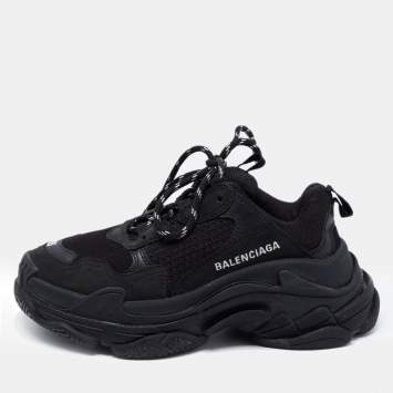 Pre Owned Balenciaga Black Leather and Mesh Triple S Sneakers Size 36
