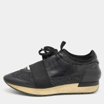 Pre Owned Balenciaga Black Leather and Fabric Race Runner Low Top Sneakers Size 39
